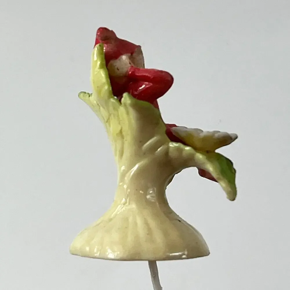 Vintage Elf Pixie on Flower Pick Figurine Red Suit Daisies ~2.25